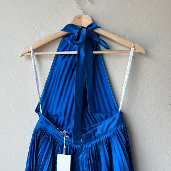 L’IDEE Renaissance Moroccan Blue Pleated Satin Crisscross Halter Mini‎ Dress NWT - Picture 6 of 10